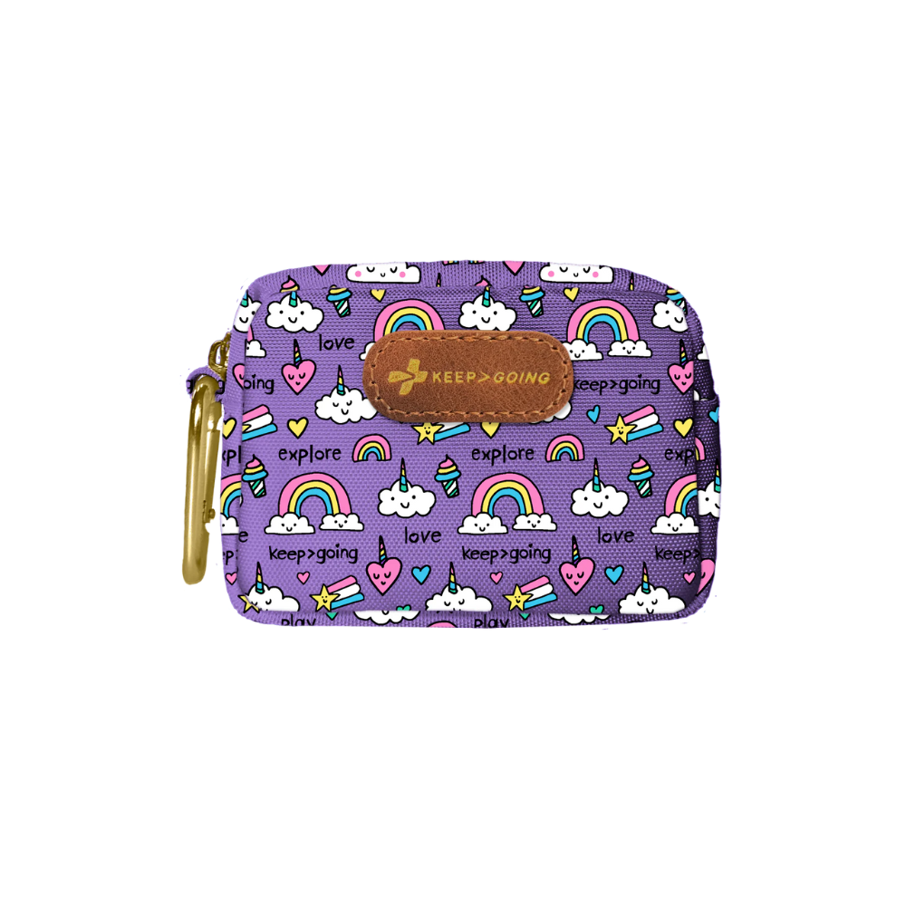 Small purple first aid kit with rainbow and cloud pattern on a white background