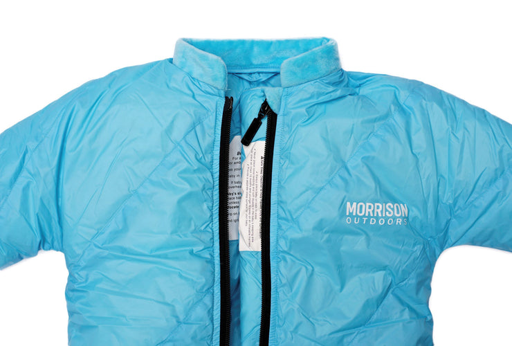 Little Mo 20° Down Baby Sleeping Bag Sky Blue Color Close-up View - Morrison Outdoors